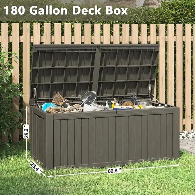 NUNU LAB 180 Gallon Outdoor Storage Box,Large Resin Sturdy Deck Box, Backyard Outside Storage Box Waterproof with Double Wall Panels,Package Delivery Garden Hose Storage Bin Outdoor Tool,Grey by GreenHaven Gardens