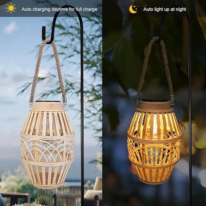 pearlstar Outdoor Solar Lanterns Light Rattan Natural Lantern with Handle for Hanging or Table Lamp for Patio Yard Garden Wedding Home Decoration, Edison Bulb, Auto on/Off (Style3) by GreenHaven Gardens