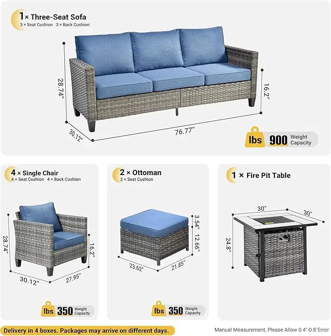 ovios 8 Pieces Patio Furniture Set with 30" Fire Pit Table, Outdoor Wicker Sofa with Comfy Cushions, All Weather High Back Rattan Couch Conversation Set, Denim Blue by GreenHaven Gardens