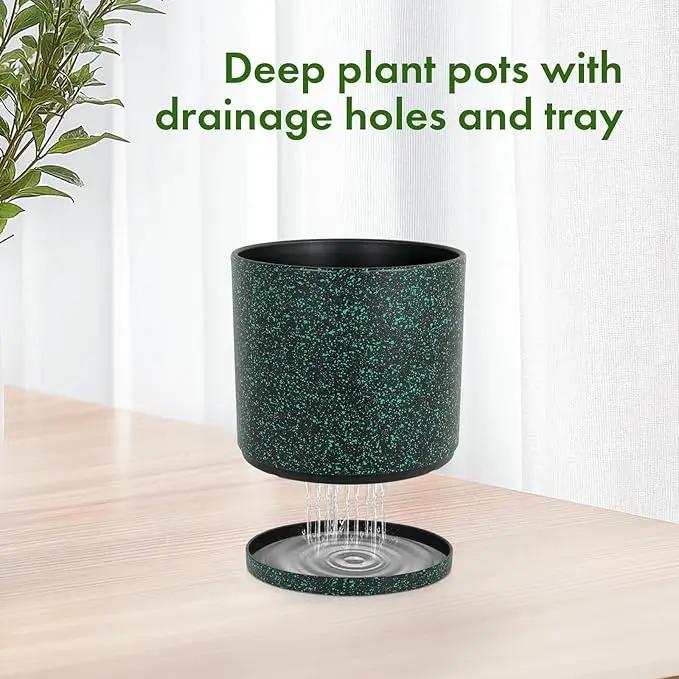 8/7/6 inch Plant Pots, 3 Pack Cylindrical Flower Pots for Outdoor Indoor Plants, Decorative Plastic Planters with Drainage Holes and Saucers for Garden House Plants, Black with Green Speckles by GreenHaven Gardens