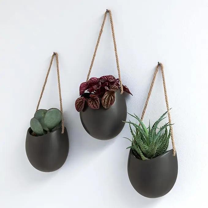 Wall Planters -Ellie- | Hanging Ceramic Plant Pots 3 Pieces | Wall Decoration for Indoors, Balcony and Garden | Graphite (Matte) by GreenHaven Gardens