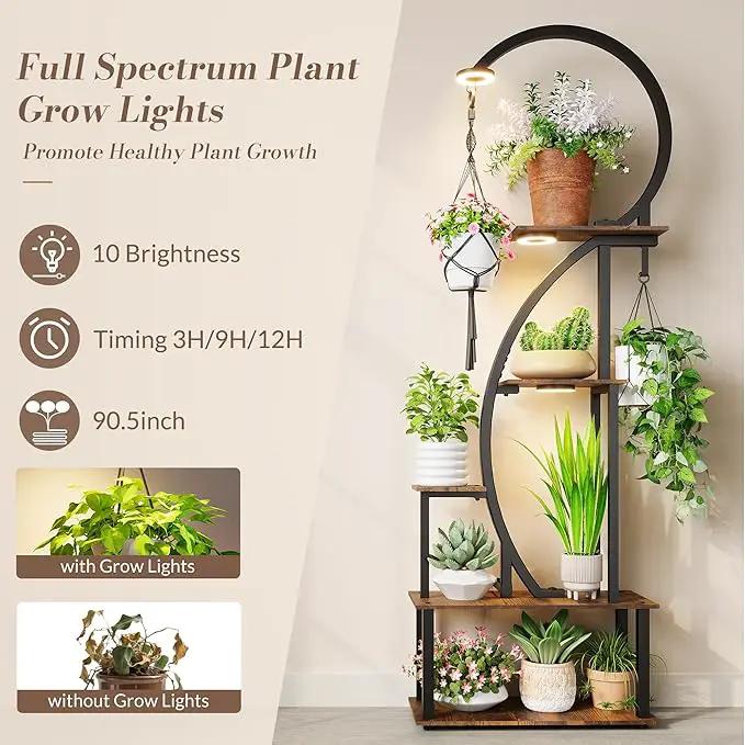 Indoor Plant Stand with Grow Lights, Half-Heart Shape Metal Shelf with Multiple Wood Boards and Hooks for Hanging & Potted Plants, Tall LED Display Rack for Living Room, Balcony Décor by GreenHaven Gardens