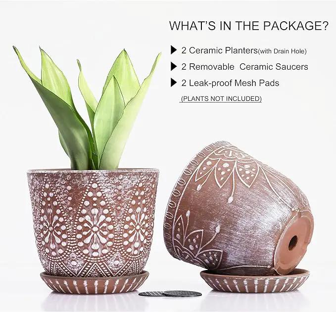 Gepege 6 Inch Beaded Ceramic Planter Set of 2 with Drainage Hole and Saucer for Plants, Indoor-Outdoor Large Round Succulent Orchid Flower Pot by GreenHaven Gardens
