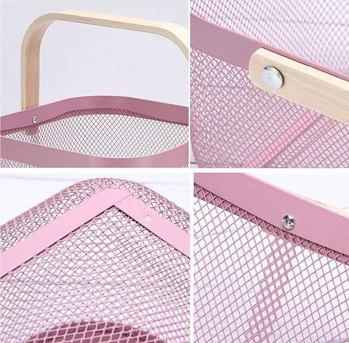 Metal Mesh Steel Basket, Storage Organizer Basket Multi-functional Hanging Kitchen Baskets Fruit Basket Bin with Bamboo Handle for Kitchen Bathroom Picnic Shopping Decor Cabinet Home, Pink by GreenHaven Gardens