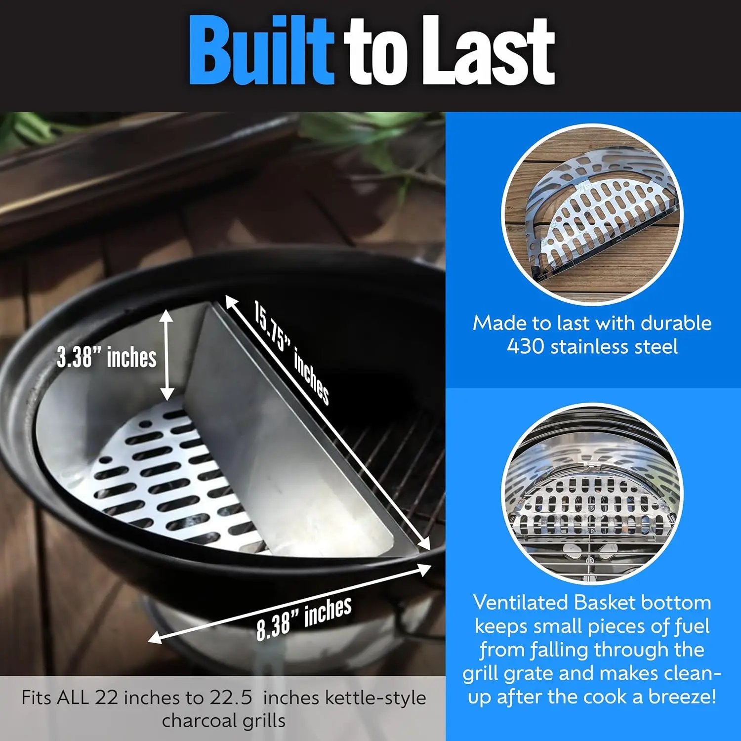 SnS Grills Slow ‘N Sear Charcoal Inserts for Low ‘N Slow & High-Heat Cooking - Patented Stainless Steel Accessories for Kettle Grills - Charcoal Basket 18" by GreenHaven Gardens