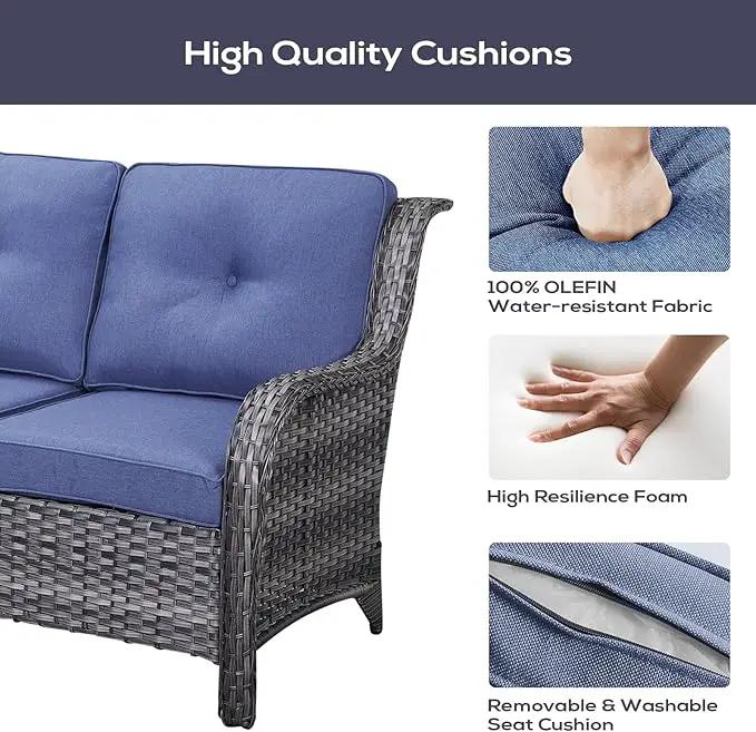 Outdoor Patio Furniture Set with Propane Fire Pit Table, 7 Pieces Wicker Patio Conversation Set with 2 Swivel Glider Rocker Chairs Rattan Sofa Blue Cushion Perfect for Casual Gathering Gray by GreenHaven Gardens