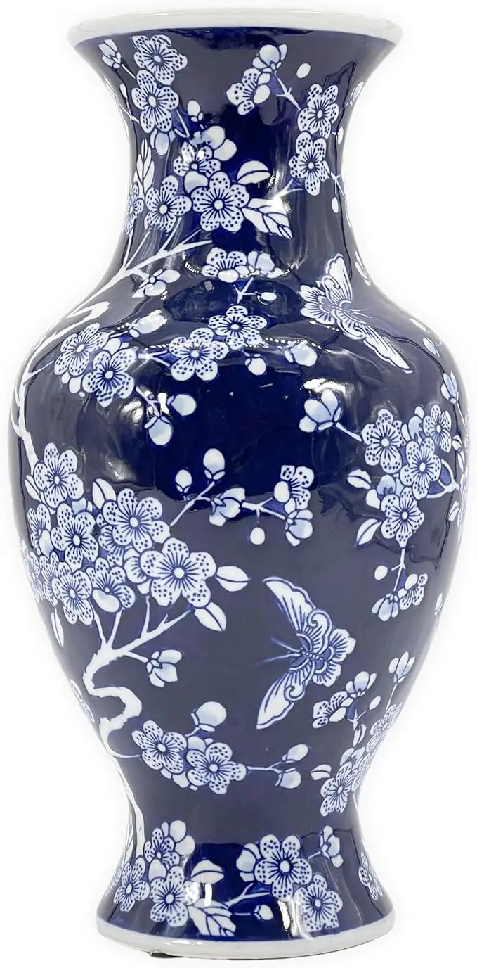 Galt International Dark Blue Floral Chinoiserie Ceramic Vase 14"- Hand Painted Antique Style Porcelain Butterfly & Flower Bottle Fishtail Porcelain Chinese Vase for Home Decor Centerpiece by GreenHaven Gardens