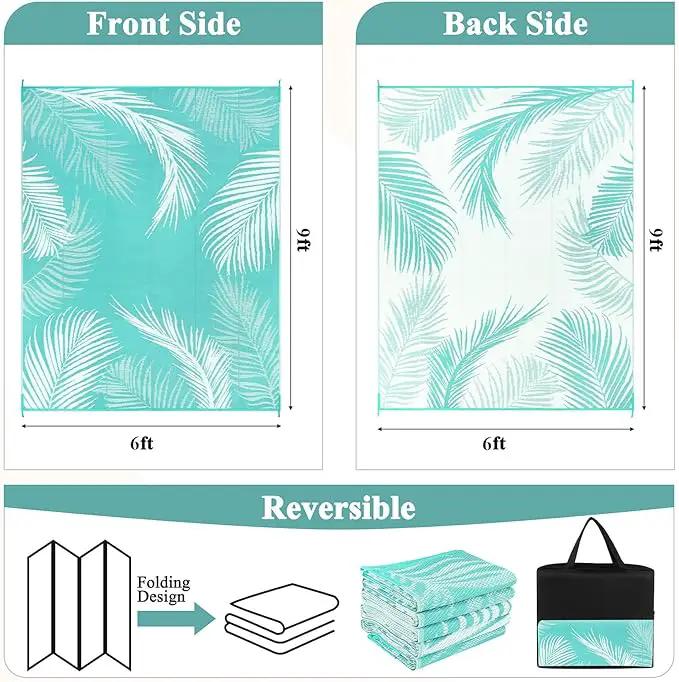 Pauwer Waterproof Outdoor Rug 6x9, Reversible Plastic Straw Patio Camping Rug, Indoor Outdoor RV Mat Carpet for Deck, Camper, Porch, Balcony, Backyard, Picnic, Leaf Light Blue by GreenHaven Gardens