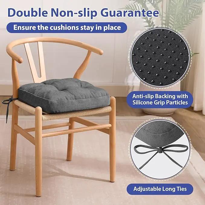 Chair Cushions for Dining Chairs, Dining Chair Cushions, Tufted Indoor Chair Pads with Ties & Non Slip Backing, Seat Cushions for Kitchen Chairs 16.5” x 16.5” x 3.5”, Set of 6, Grey by GreenHaven Gardens