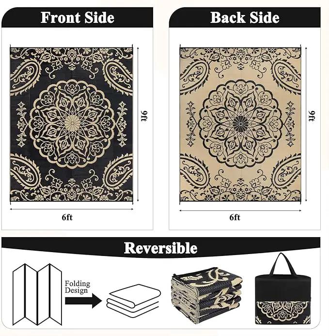 Pauwer Waterproof Outdoor Rug 6x9, Reversible Plastic Straw Patio Camping Rug, Indoor Outdoor RV Mat Carpet for Deck, Camper, Porch, Balcony, Backyard, Picnic, Boho Black Brown by GreenHaven Gardens