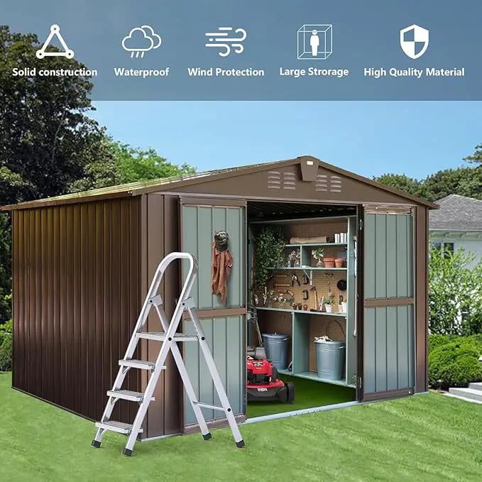 Domi Outdoor 10' x 8' Storage Shed, Metal Steel Utility Tool Shed Storage House with Double Lockable Doors & Air Vents for Backyard Patio Garden Lawn Brown by GreenHaven Gardens