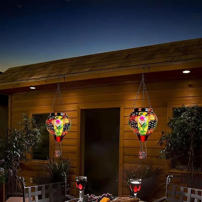 Hummingbird Solar Hot Air Balloon Lantern with Flame, Hot Air Balloon Decorations for Garden Yard Porch Decor, Glass Large Hanging Outdoor Decor, Solar Lantern Waterproof, Hummingbird Gardening Gifts by GreenHaven Gardens