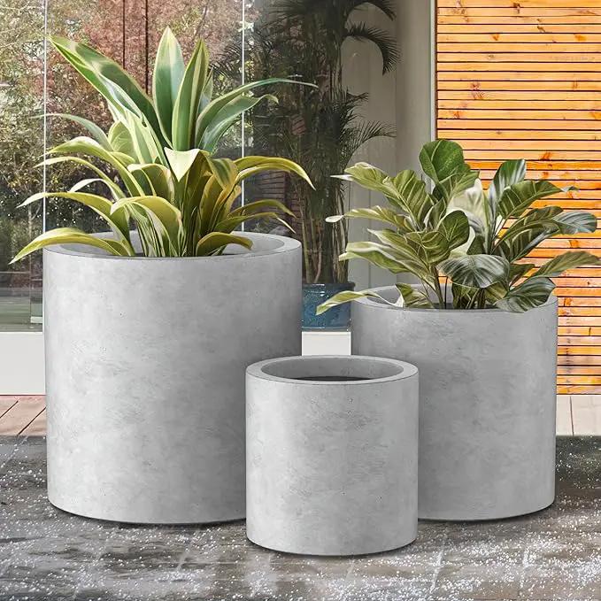 Kante 9.8",12.6",15.7" Dia Round Concrete Planter Set of 3, Modern Style Large Cylindrical Plant Pot with Drainage Hole and Rubber Plug for Indoor Outdoor Patio, Natural Concrete by GreenHaven Gardens