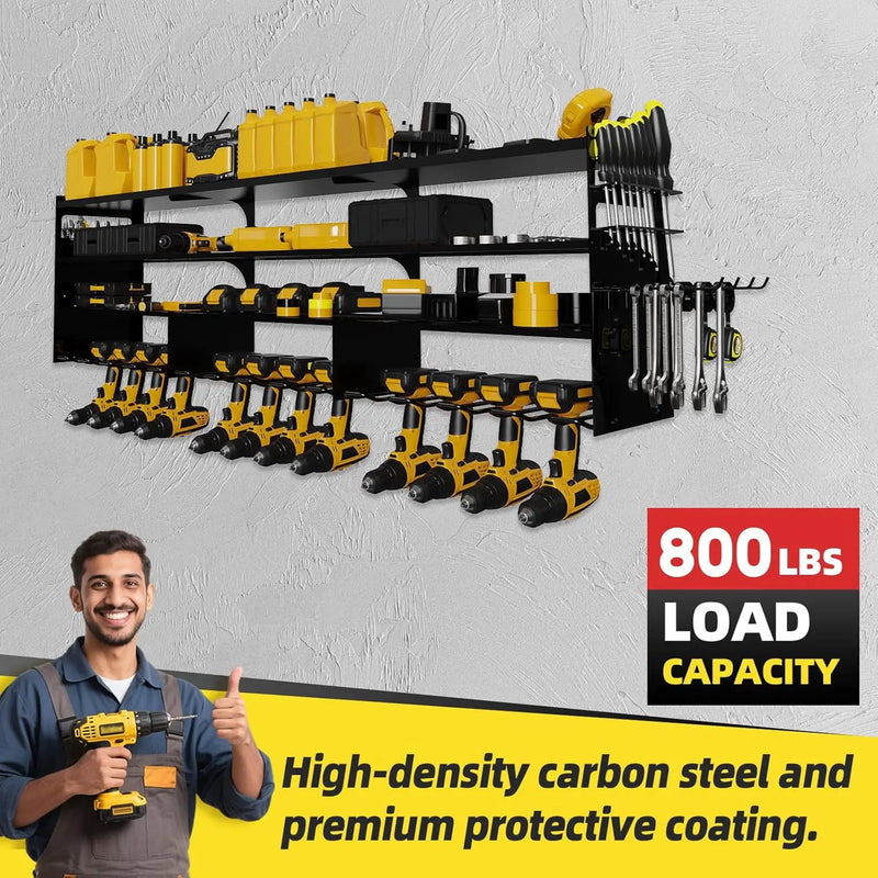 Power Tool Organizer Wall Mount with 12-Drill Holders-800Lbs Load Heavy Duty Metal 4-Layers Garage Storage and Organization Adjustable Battery Tools Rack with Side Panels Utility Racks Gifts for Men by GreenHaven Gardens