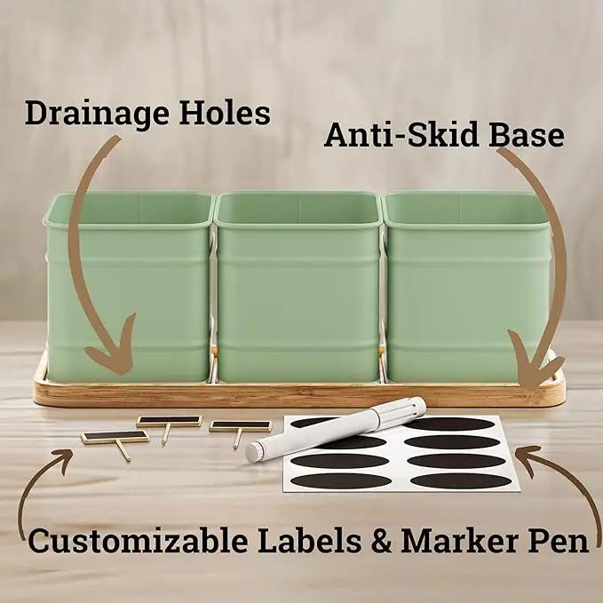 Herb Planter Indoor - 3 Iron Herb Pots with Drainage Holes, Varnished Bamboo Tray, Customizable Labels & Marker Pen - Indoor Herb Garden Planter - 3 Pots for Herbs - Inside Spice Garden - Basil Pot by GreenHaven Gardens