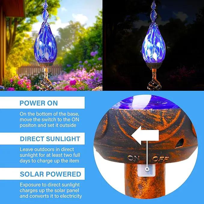 Solar Garden Lights, Decorative LED Flame Garden Stakes, Hand Blown Glass and Outdoor Waterproof Glass Stakes (Dark Blue) by GreenHaven Gardens