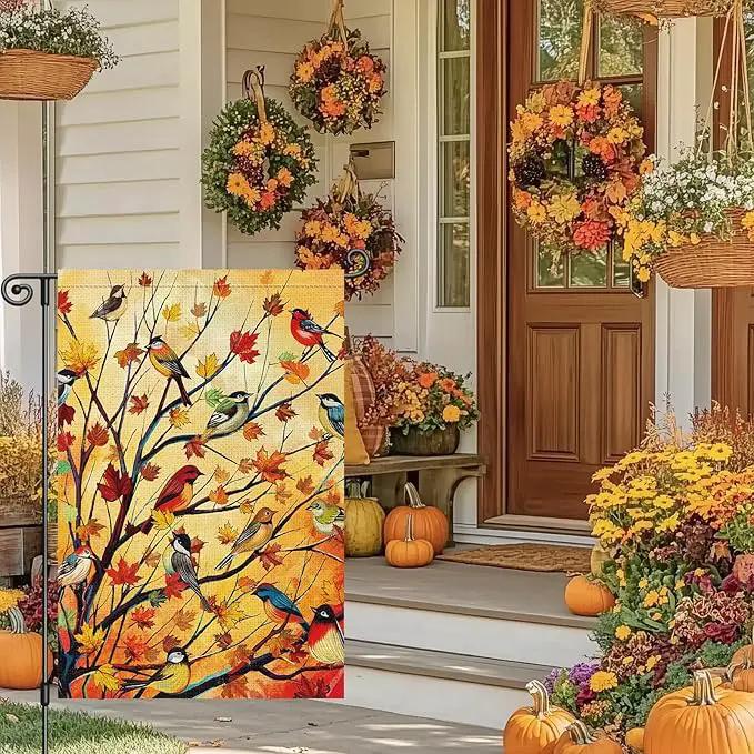 Louise Maelys Welcome Fall Garden Flag 12x18 Double Sided, Small Burlap Autumn Maple Tree Birds Thanksgiving Outside Outdoor House Yard Decor by GreenHaven Gardens