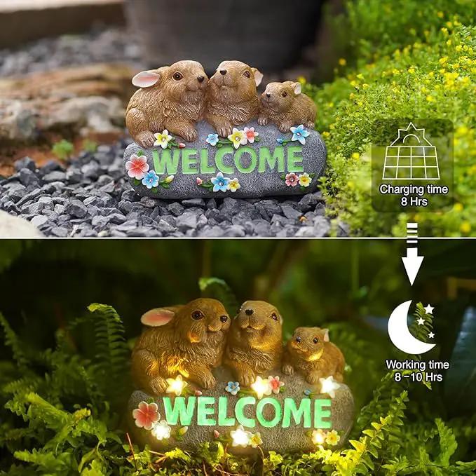 Solar Rabbits with Welcome Sign - Outdoor Bunny Decor with Solar LED Lights - Rabbit Garden Decor & Outdoor Light-Up Gifts for Women, Moms or Birthdays by GreenHaven Gardens