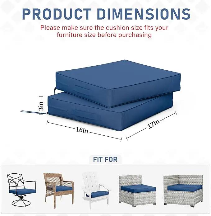 Patio Chair Cushions 17 X 16 X 3 Inch Waterproof Outdoor Seat Cushions for Patio Furniture, Outdoor Sofa Couch Pads with Ties & Handle, Set of 2, Blue by GreenHaven Gardens