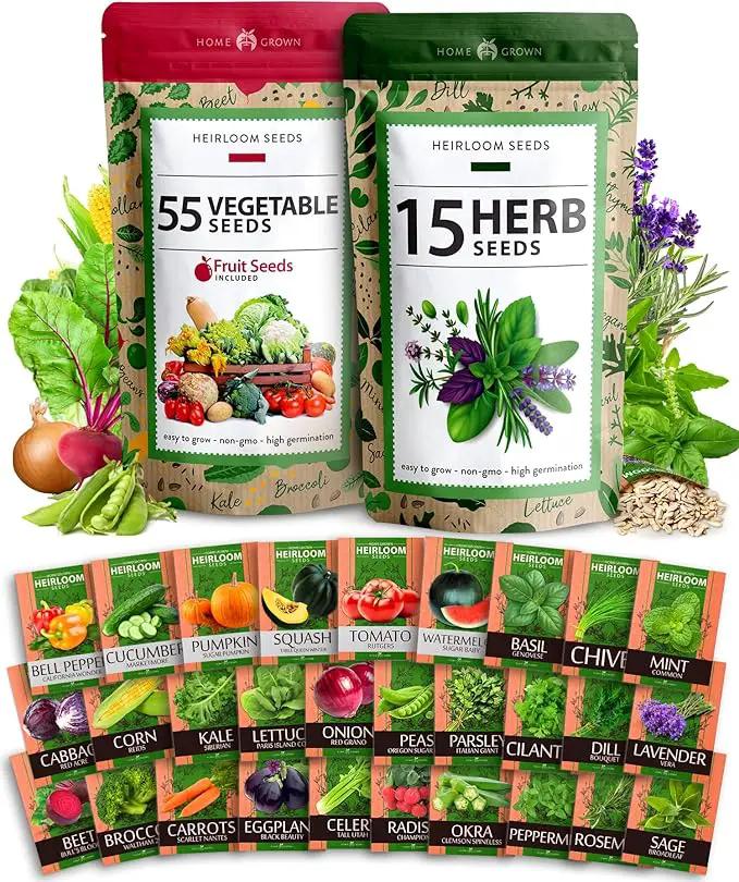 HOME GROWN 70 Variety Vegetable & Herb Seeds – 32,000+ USA Non-GMO Heirloom Survival Seeds –Garden Kit for Spring, Fall, Winter – Indoor & Outdoor Planting – Starter Set for Home Gardeners & Preppers by GreenHaven Gardens