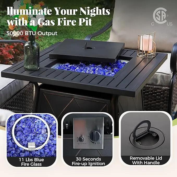 Patio Furniture Set with Fire Pit Table, 5 Pcs Metal Outdoor Conversation Set, 4 Single Chairs with 5.75" Extra Thick Cushion and 28" Fire Pit Table for Backyard Deck, Green Blue by GreenHaven Gardens