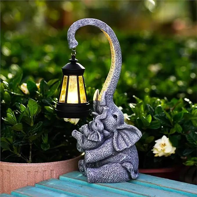 Elephant Outdoor Statues with Cute Baby Garden Decor, Resin Elephant Figurines with Solar Lantern Outdoor Decoration Gifts for Mothers Day, Birthday Day by GreenHaven Gardens