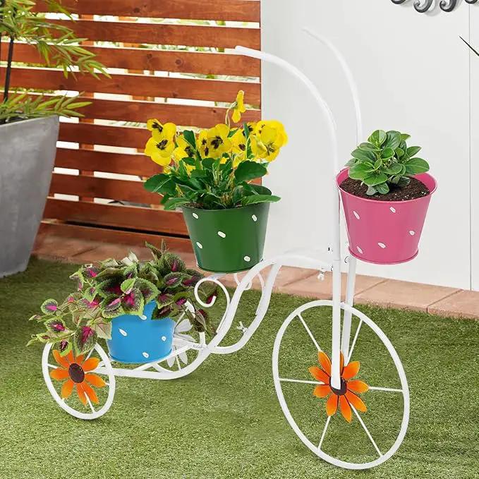 BAYN Bicycle Planter Stand, Metal Flower Pot Cart Holder Tricycle Planter with 3 Plant Bucket Outdoor Decorative for Patio, Deck, Garden, Lawn by GreenHaven Gardens