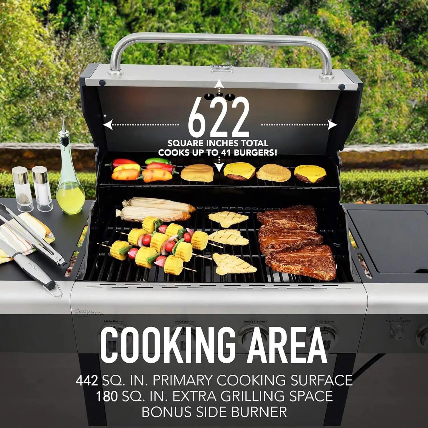 Kenmore 4-Burner Gas Grill with Side Burner, Outdoor BBQ Grill, Propane Gas Grill, Cast Iron Cooking Grates, Electronic Ignition, Warming Rack, Open Cart Design, 53000 BTUs, Stainless Steel by GreenHaven Gardens