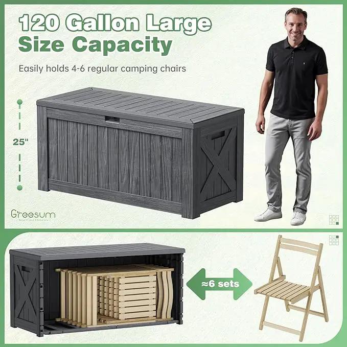 Greesum 120 Gallon Outdoor Storage Box with Lock - Large Resin Deck Box, Reinforced Lid for Garden, Patio, Lawn, Gray by GreenHaven Gardens