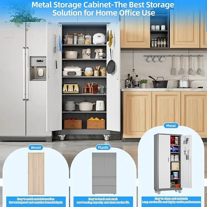 71" H×32" W×16" D Garage Storage Cabinet with Wheels & Pegboard, Locking Metal Storage Cabinet with Doors and 5 Adjustable Shelves & & 4 Hooks for Garage Warehouse Home Office, White and Gray by GreenHaven Gardens