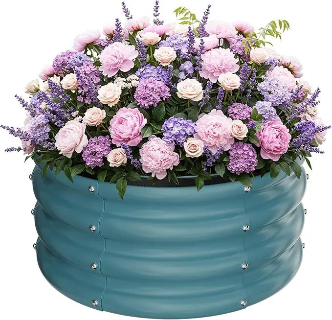 ZXZYHFTY Round Galvanized Raised Garden Bed kit, Blue Outdoor Garden Raised Planter Box, Round Large Metal Raised Garden Beds for Vegetable 2 * 2 * 1ft 1 Pack by GreenHaven Gardens