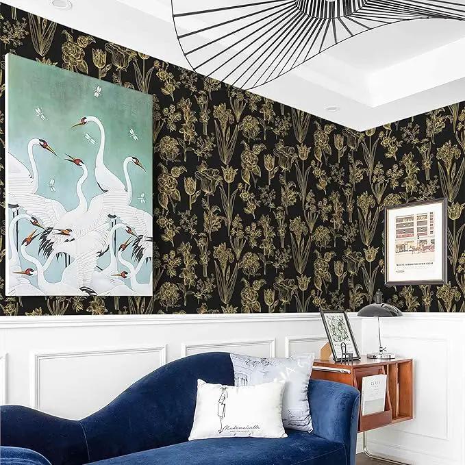 Dimoon 236"x17.3" Floral Wallpaper Peel and Stick Flowers Golden Black Contact Paper Thicken Waterproof Modern Self Adhesive Plants Wallpaper Removable Wall Paper Shelf Vinyl Roll by GreenHaven Gardens