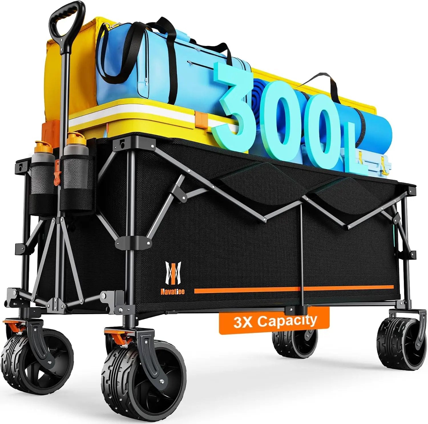 Navatiee 300L Collapsible Wagon Cart Foldable Extra Large, 48''L Folding Extended Beach Wagon with 440LBS Weight Capacity and Big All-Terrain Wheels, Heavy Duty Utility Garden Cart for Sports Outdoor by GreenHaven Gardens