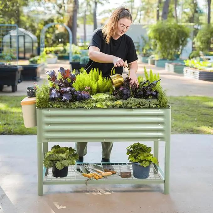 Elevated Raised Garden Bed-V Series, 2' x 4' Garden Beds with Legs & Storage Rack for Patio Porch, 700 Lbs Weight Capacity, Outdoor Planter Boxes for Gardening Herbs Vegetables Flowers, Olive Green by GreenHaven Gardens