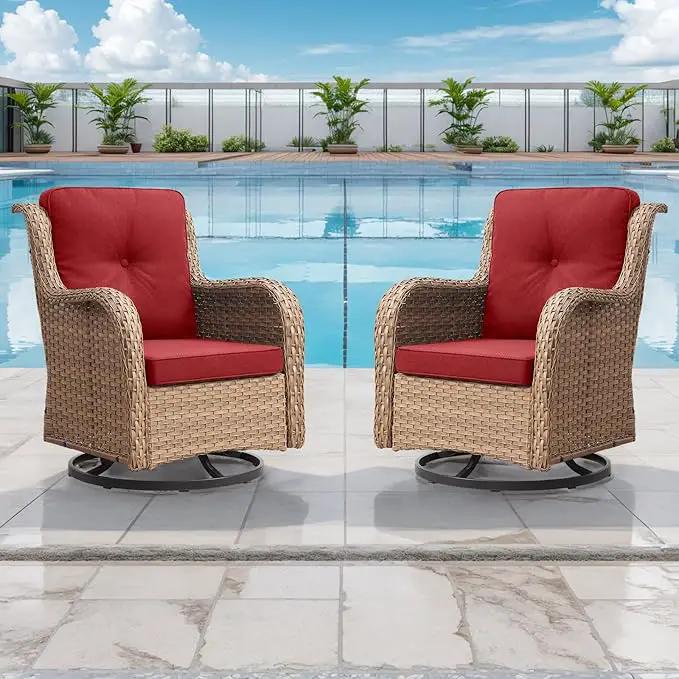 Outdoor Patio Swivel Rocker Chairs - Wicker Rattan Patio Swivel Rocking Chairs Set of 2 with High Back,Deep Seating and Comfort Cushions for Deck Porch Garden,Yellow/Red by GreenHaven Gardens