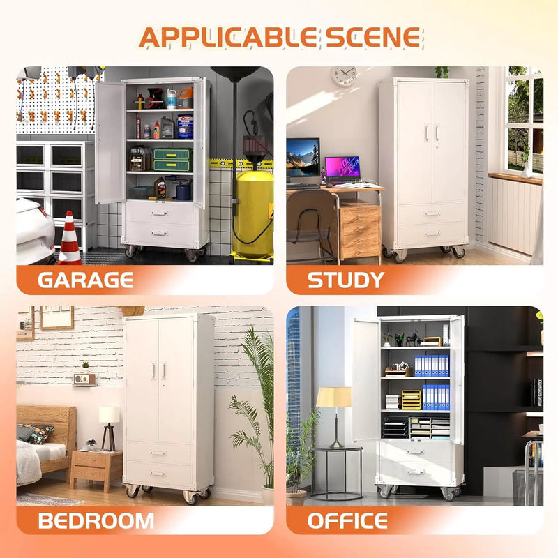Aobabo Metal Storage Cabinet with 2 Large Drawer, Lockable Steel Storage Cabinet with 3 Adjustable Shelves, for Home, Office, Garage, Classroom, White, Assembly Required