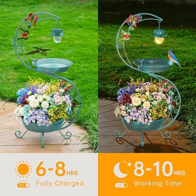Bird Bath for Outside with Solar Lamp, 36" Birdbaths for Outdoors with Planter Flower Pot, Metal Bird Bath Bowl for Garden Yard Decor (All Blue Green) by GreenHaven Gardens