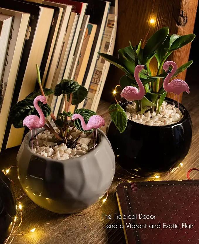 Mini Flamingos Figurines with Stakes - Set of 4 Small Flamingos Garden Gifts for Women Resin for Flower/Plant Pot Decorations - Miniature Fairy Garden by GreenHaven Gardens