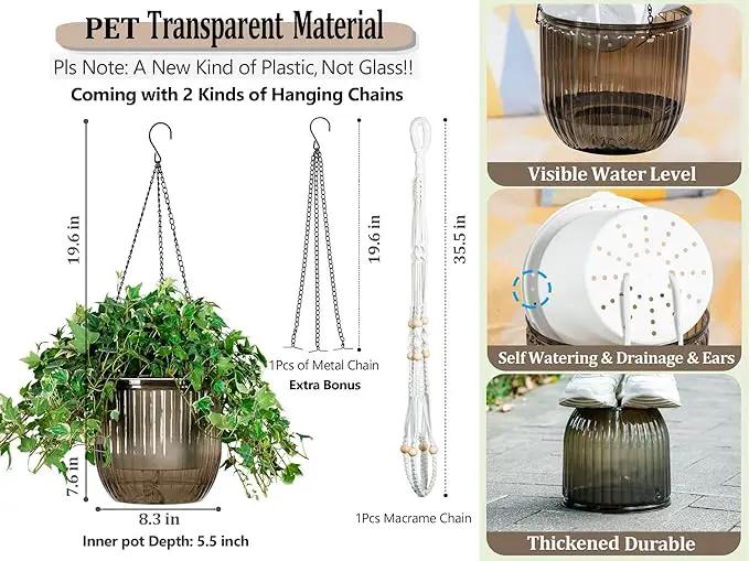 Melphoe Self Watering Hanging Planters for Indoor, 1 Pack 8.3 Inch Outdoor Hanging Plant Pot Basket, 2 Kinds of Plant Hangers Macrame 35.5’’ & Metal Chain 19.6’’ for Garden Home Decor by GreenHaven Gardens
