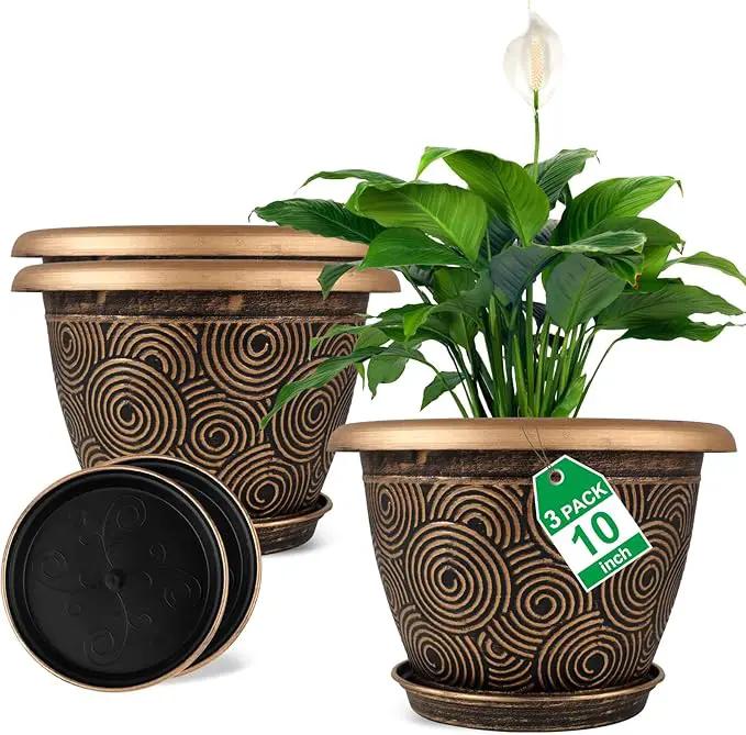 10 Inch Flower Pots Planters for Indoor Outdoor Plants, 3 Pack Plastic Large Plant Pots with Drainage Hole & Tray, Modern Decorative Garden Pot with Saucer, Plant Container for House by GreenHaven Gardens