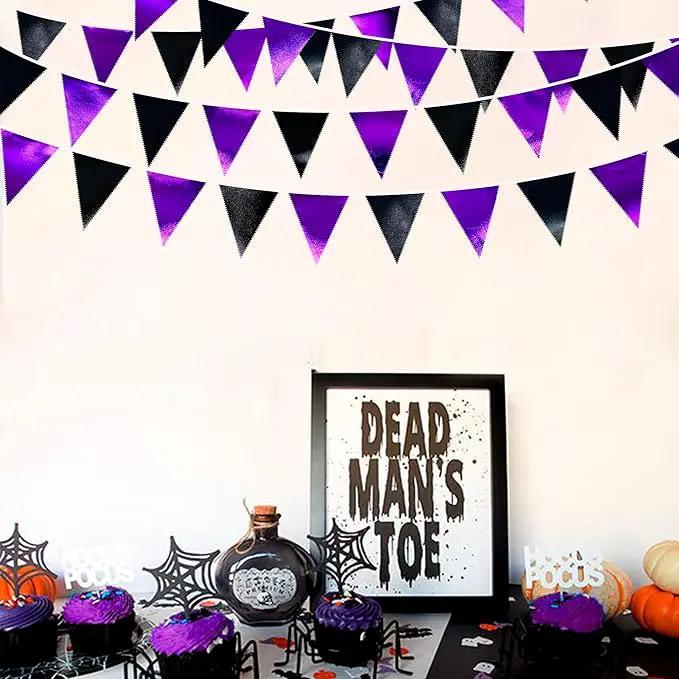Purple and Black Party Decorations Metallic Fabric Triangle Pennant Banner Flag Bunting Garland for Graduations Birthday Retirement Wedding Baby Shower Bachelorette Halloween Outdoor Party Supplies by GreenHaven Gardens