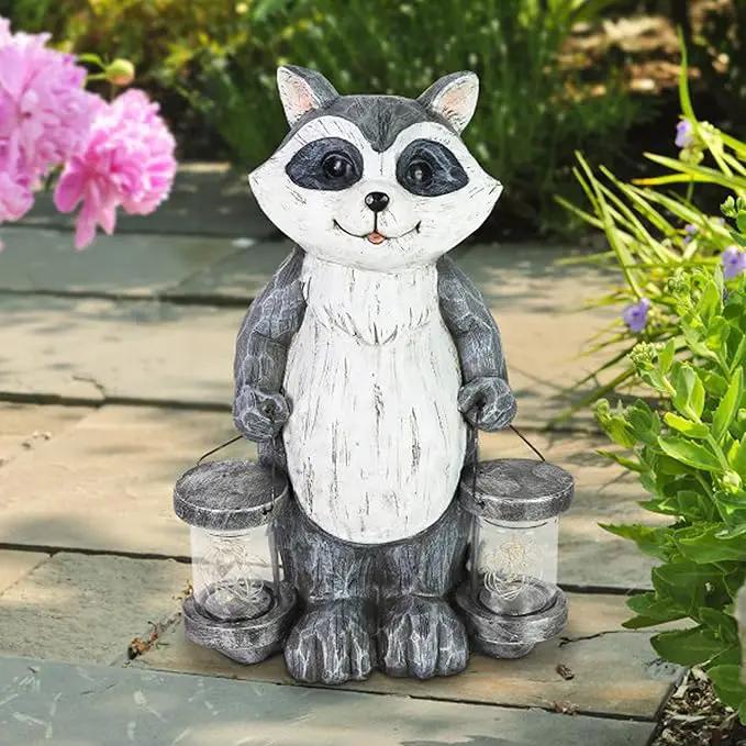 Exhart Garden Sculpture, Raccoon Solar Garden Statue with 2 Jars, 16 LED Firefly Lights, Outdoor Garden Decoration, 7.5 x 9 x 10.5 Inch by GreenHaven Gardens