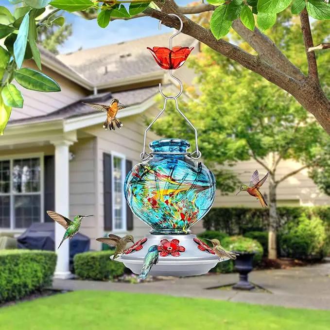 BOLITE Hummingbird Feeder, Hand Blown Glass Hummingbird Feeders for Outdoors Hanging, with Ant Moat and 5 Feeding Ports, 22 Ounces, Peony Flower Shape, Blue, Gifts for Women Men, Gifts for Mom Dad by GreenHaven Gardens