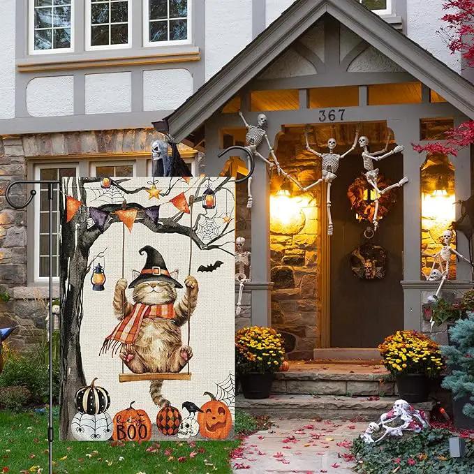 Heyfibro Halloween Cute Cat Swing Garden Flags 12 x 18 Inch Vertical Double Sided Burlap, Pumpkin Skull Bat Yard Flag for Seasonal Fall Thanksgiving Farmhouse Decoration(ONLY FLAG) by GreenHaven Gardens