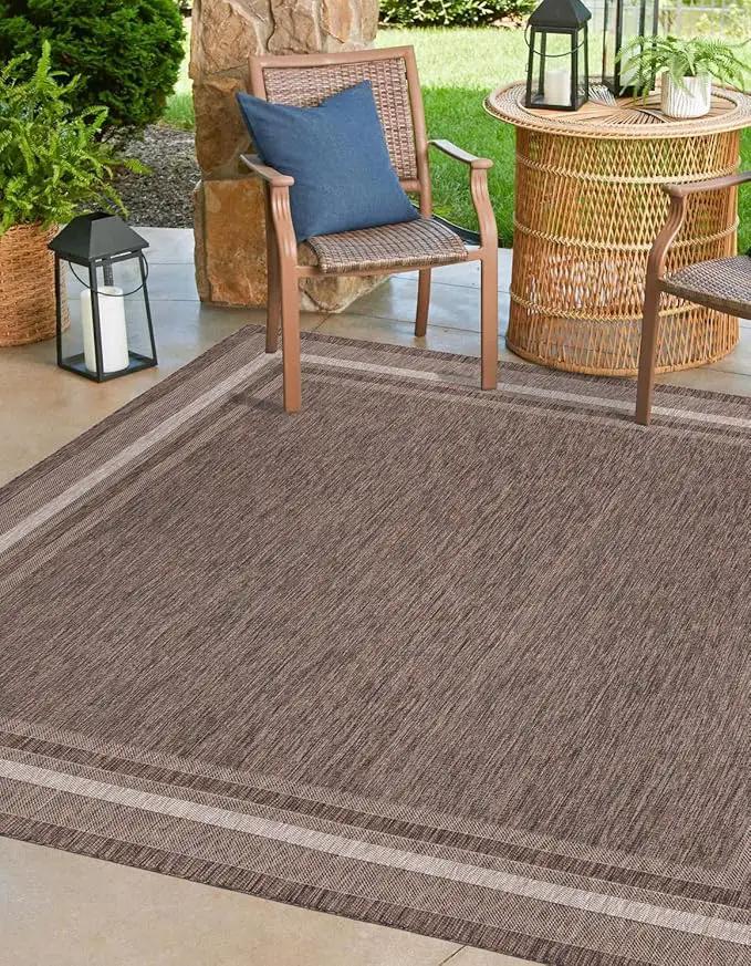 Unique Loom Outdoor Border Collection Area Rug - Soft Border (13' Square, Brown/ Ivory) by GreenHaven Gardens