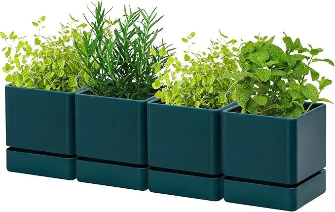4 Inch Herb Planter Pot, Plastic Planter with Drainage Holes and Saucer, Modern Decorative Gardening Pot for Indoor Plants, Flowers, Herbs, Succulents, Green, Set of 4, 76-Y-C-4 by GreenHaven Gardens