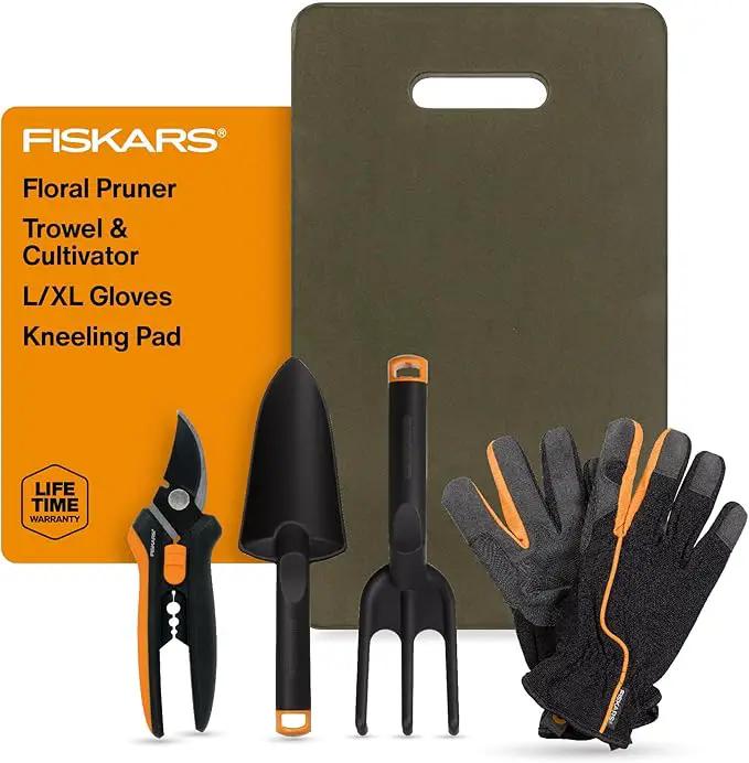 Fiskars Flower Gardening Tool Gift Set with Floral Pruner, Trowel, Cultivator, Garden Gloves, and Ultra-Light Kneeling Cushion for Outdoor Use (5 Piece Kit) by GreenHaven Gardens