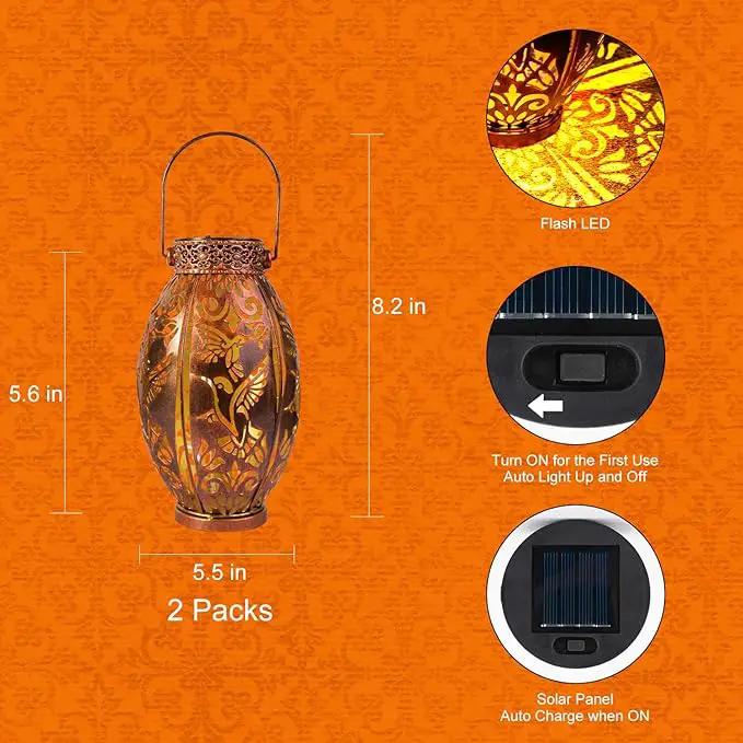 Hummingbird Lantern 2 Pack Solar Lanterns Outdoor Hanging Solar Lights, Upgraded Metal Garden Lanterns - Waterproof LED Decorative Light for Garden Patio Yard Gifts for Mom Grandma Women by GreenHaven Gardens