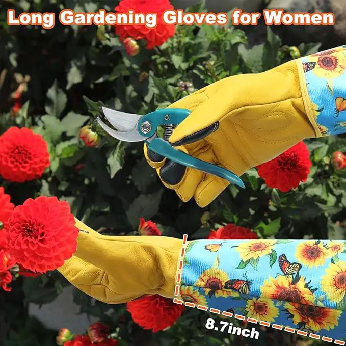 DLY Gardening Gloves for Women, Rose Gloves Gardening Thorn Proof, Long Garden Gloves for Women, Breathable Cowhide Leather Gauntlet (Large, Blue) by GreenHaven Gardens