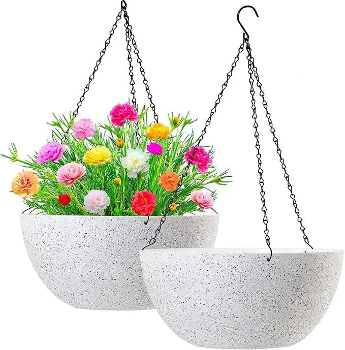 WOUSIWER 13 inch 2Pack Large Hanging Planters for Outdoor Indoor Plants with Drainage Holes and Chain, Round Hanging Flower Pots for Garden Home Porch Decor, White Speckles by GreenHaven Gardens